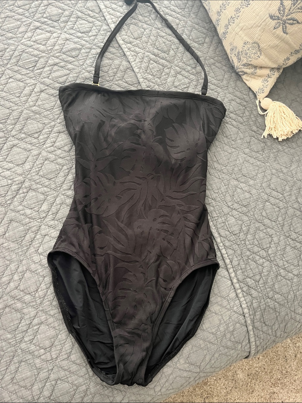 Hermoza Black Kids One-Piece Swimsuit with Leaf Jacquard